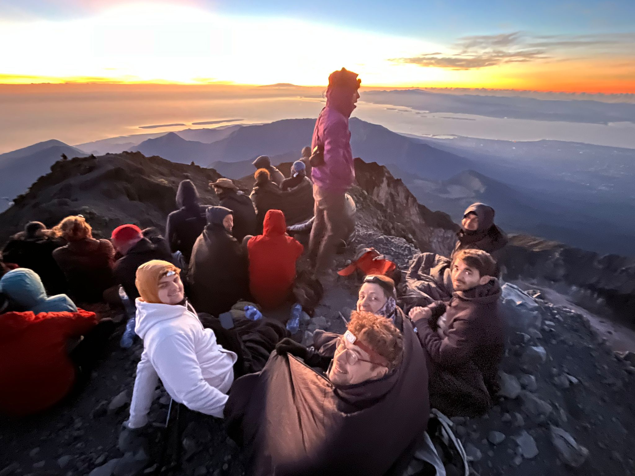 The Rinjani summit ridge catching first light at dawn