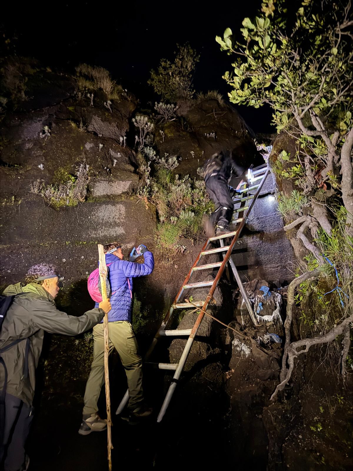 A line of headlamps on the volcanic scree during summit night