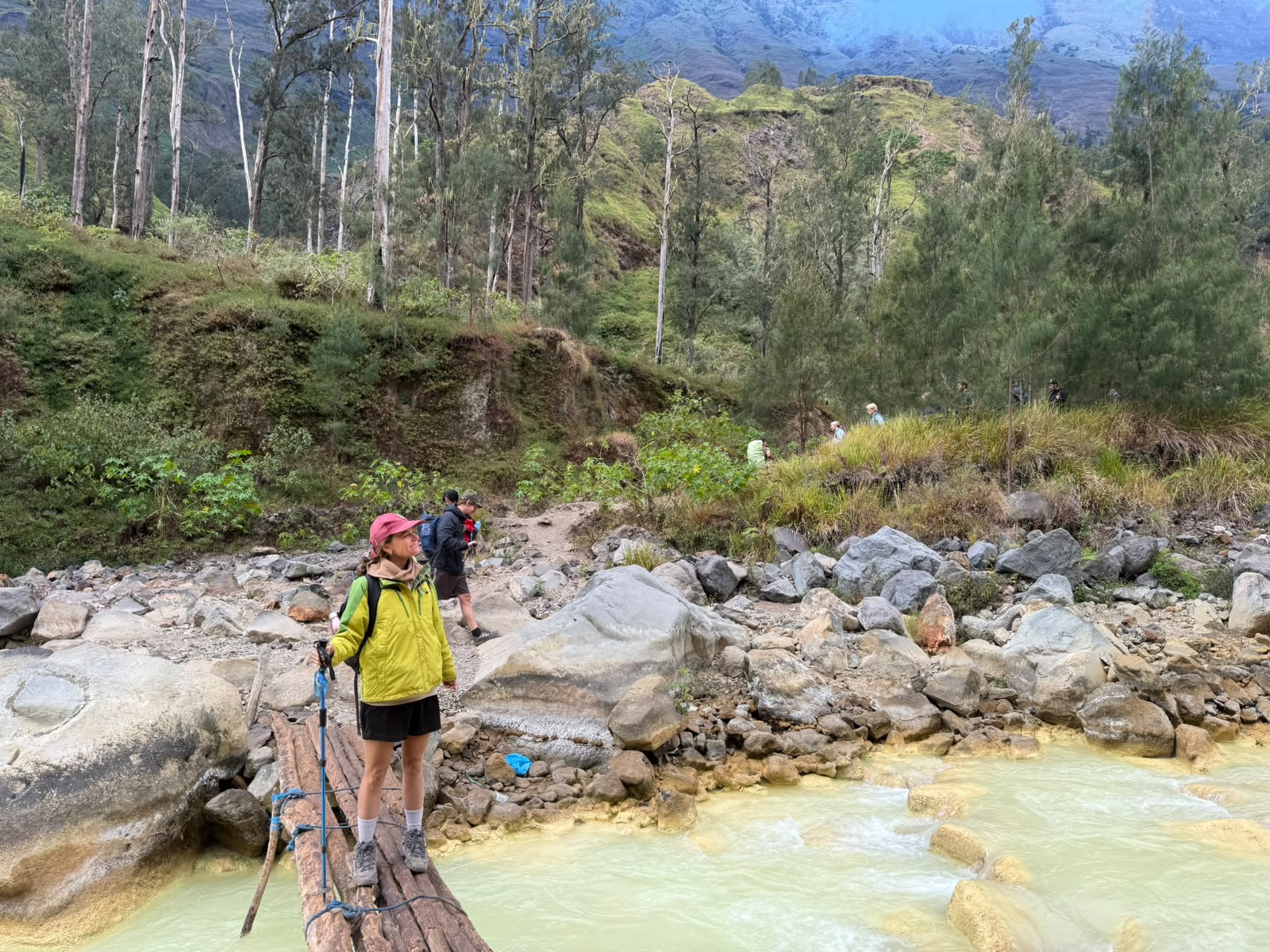 Trekkers crossing the Torean river and heading up into the casuarina forest on the descent
